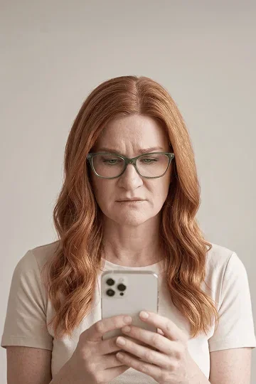 Now: Anxious woman looking at phone